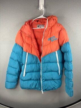 Dutch Bros Orange & Blue Retro Hooded Puffer Coat
